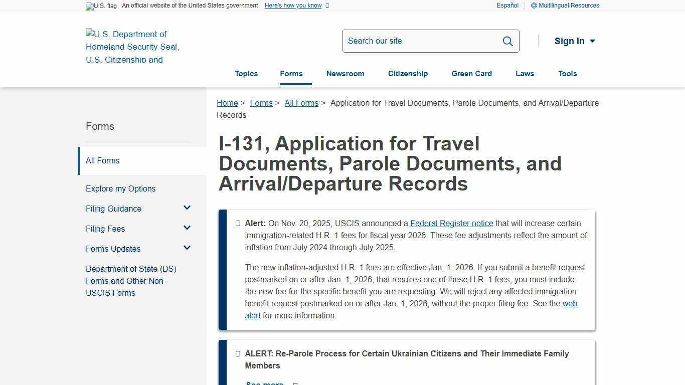 Application for Travel Documents, Parole Documents, and Arrival/Departure Records USCIS